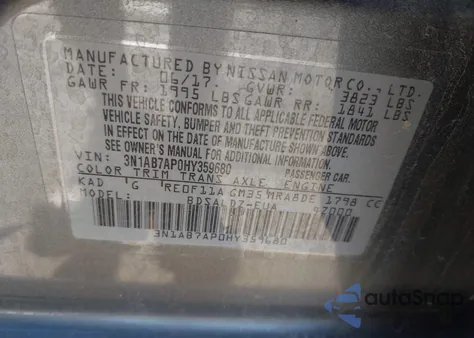 2017 Nissan Sentra Sv из США, поврежденный, VIN 3N1AB7AP0HY359680